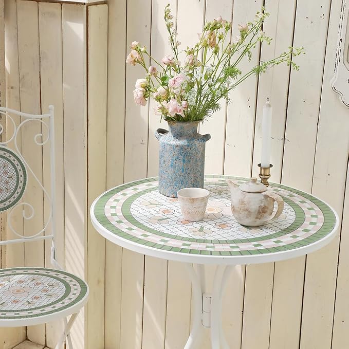 Round Outdoor Side Table Patio Bistro Ceramic Mosaic Patterned Design Tile Top Round Table Outdoor Garden 24 Inch Metal Furniture Dining Table for Yard Balcony Porch Poolside Terrace (Pink Flower)