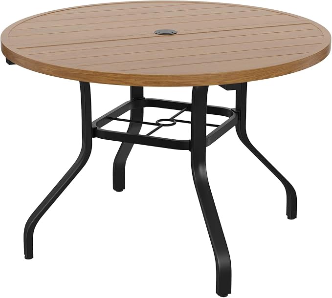 HRVEOCEI 47" Outdoor Round Table with Umbrella Hole, Metal Patio Dining Tables for Lawn Garden, Wood-Like Grain Bistro Table Outdoor for Backyard,Poolside,Deck,Por (Natural, Round)