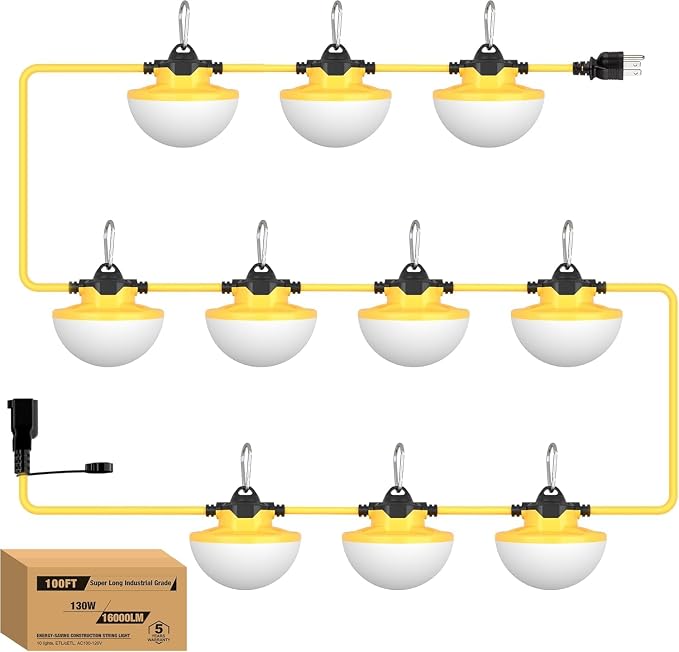 YXL 100FT 3Prong Construction String Lights 16000LM 130W Industrial LED String Lights, IP65 Waterproof 18AWG Wire 5000K Super Bright for Construction Sites Temporary Work Jobsites Outdoor Lighting