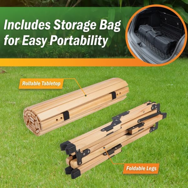 Foldable Camping Table - 4ft Roll-Up Portable Picnic Table with Carry Bag - Indoor/Outdoor Low Height Travel, Party, or Beach Table by Wakeman Outdoors (Natural Wood)