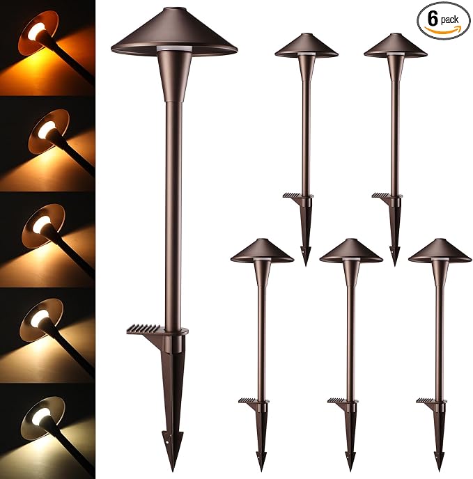LEONLITE 6-Pack 5CCT Low Voltage LED Pathway Lights, Flat Cone Head | 12-24V AC/DC, IP65, Landscape Path Lights, for Walkway Yard Garden, 1800/2700/3000/4000/5000K, Oil Rubbed Bronze, Aluminum