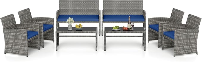 RELAX4LIFE 8-Piece Patio Furniture Set - Wicker Rattan Outdoor Sectional Sofa Set w/Glass Coffee Table, Loveseat, 2 Chairs & Soft Cushions, Bistro Conversation for Garden Porch (2, Grey-Navy)