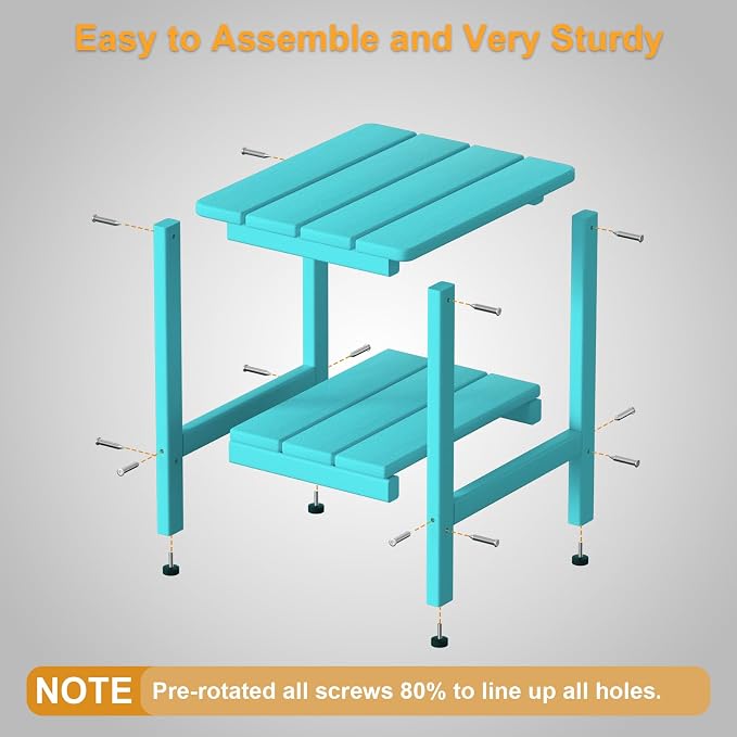 Outdoor Side Table, Small Square Patio Side Table with Adjustable Feet, All-Weather HDPE Adirondack End Tables for Porch Deck Balcony Pool, 2-Tier Storage, Easy Maintenance, Aruba Blue