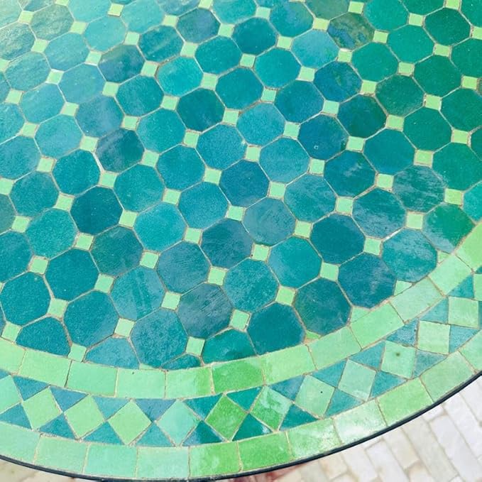 Amazing Mosaic Table, Round Green Zellij Tile Top, Handmade Patio Bistro Table, Mediterranean Garden Furniture, Outdoor Decor