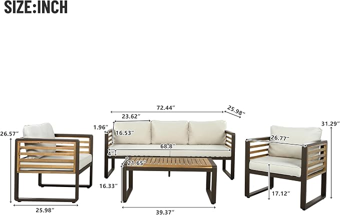 Large 4-Piece Outdoor Patio Sofa Set for 5 People,Garden Conversation Set with Removable Cushions,Metal & Wood Frame,Acacia Wood Tabletop,Modern Minimalist Design,Waterproof and UV-Proof, Beige Brown