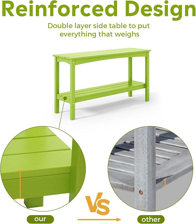 Costaelm Adirondack Outdoor Side Table, 55” HDPE Small Outside Table with Storage Shelf, Weather Resistant Outdoor Plant Shelf, Porch Table and Outdoor Table for Pool & Yard, Lime