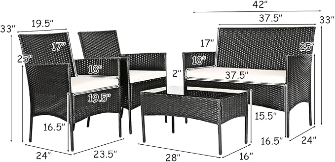 Tangkula 4 Piece Patio Furniture Set, Outdoor Wicker Conversation Set with Tempered Glass Coffee Table, Rattan Loveseat & Chairs Set with Seat Cushions for Backyard, Garden, Poolside (1, Beige)