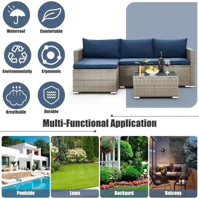 3-Piece Outdoor Sofas Patio Set All-Weather Wicker Sectional Sofa with Tempered Glass Table Conversation Group for Backyard