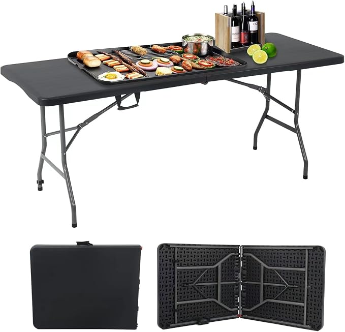 Portable Folding Table 6ft Heavy Duty Plastic Foldable Table with Carrying Handle Outdoor Indoor Plastic Dining Table for Camping and Party Picnic, Black