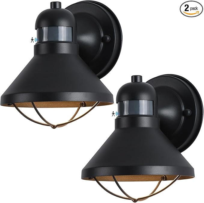2 Pack Dusk to Dawn Motion Sensor Outdoor LED Wall Light Fixture | Exterior Sconce Lighting Fixture Waterproof Wall Mount Barn Lamp Black Outside Lantern for House Porch Garage Farmhouse