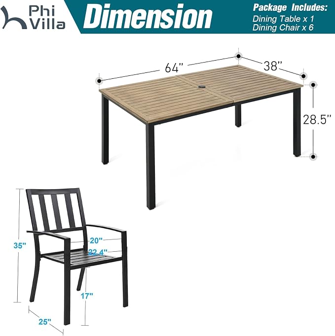 PHI VILLA Patio Dining Set for 6, Stackable Chairs&Wood-Like Table | 65” Brown Wood-Like Metal Steel Dining Table & Black Iron Chairs, Patio Furniture Set for Patio, Deck, Yard, Porch
