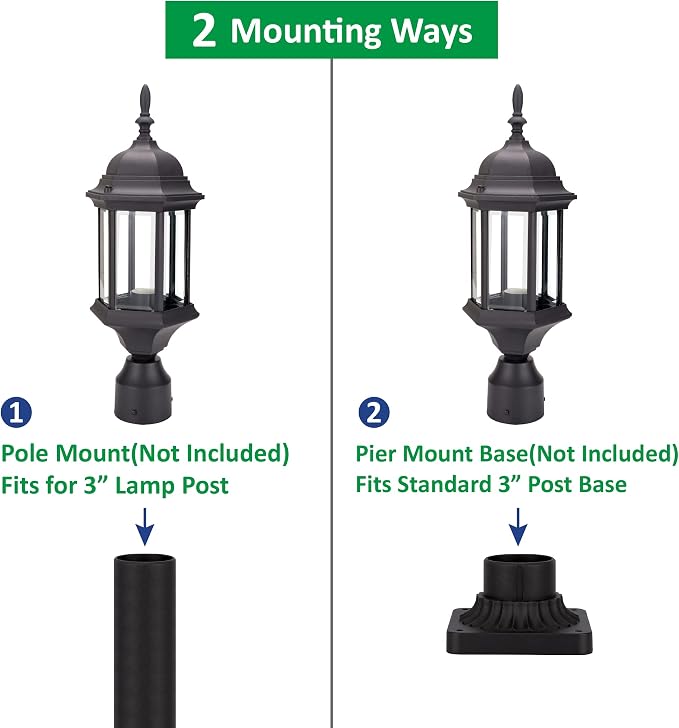 Outdoor Post Light, Rustproof Aluminum Pole Lamp, Black | Exterior Lamp Post Light Fixture for Garden, Yard, Pathway, Waterproof, Glass, E26 Base, Max 60W, 2 Pack