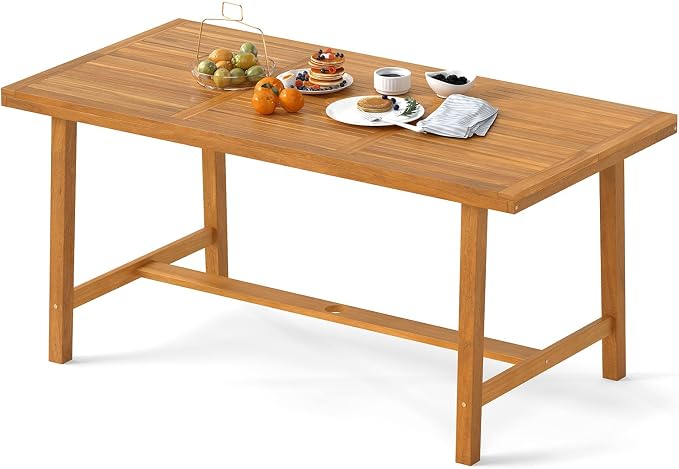 HAPPYGRILL Outdoor Acacia Wood Dining Table 63”, Patio Wooden Table for 6, with Slatted Tabletop, 1.97” Umbrella Hole & Cover, for Backyard, Deck, Porch