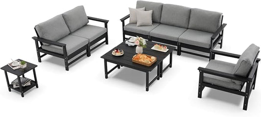 HDPE Outdoor Patio Furniture Set, 9-Piece Sofa Set with 3-Seat Couch, Loveseat Sofa, Armchair,Side Table & 2 Coffee Tables, Weatherproof Conversation Set with Cushions,for Garden, Porch & Backyard