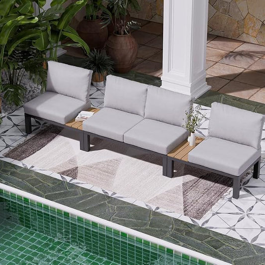 ZANDOR Aluminum Outdoor Patio Furniture Set, 3 Pieces Movable Backrest Modular Sectional Sofa Set, Metal Conversation Set with 4-inch Thick Cushion for Garden Backyard Porch, Grey