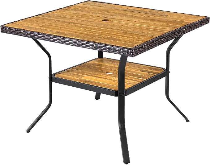 Tangkula 37" Square Wood Patio Dining Table for 4, Metal Frame Outdoor Wicker Table with Acacia Wood Tabletop, 2" Umbrella Hole, Bottom Shelf, Outside Table for Backyard, Garden, Deck, Poolside