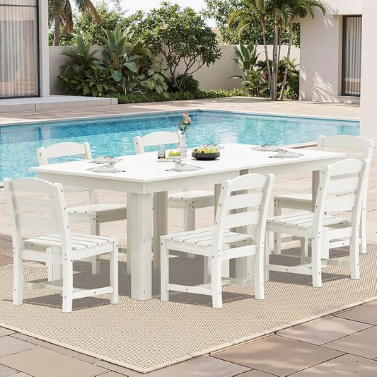 KINGYES 8-Piece HDPE Outdoor Dining Set for 6, Square Patio Table & Armless Chairs with Umbrella Hole, All-Weather Patio Dining Set for Backyard, Garden, Lawn & Poolside, White