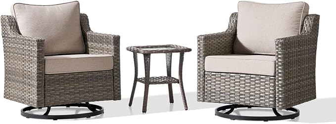 Outdoor Furniture Set of 3, Patio Chairs with Luxury 4" Cushion, Wicker Swivel Rocker Patio Chairs, and Side Table, High Back&Deep Seat for Garden Deck Porch Balcony Backyard - Beige