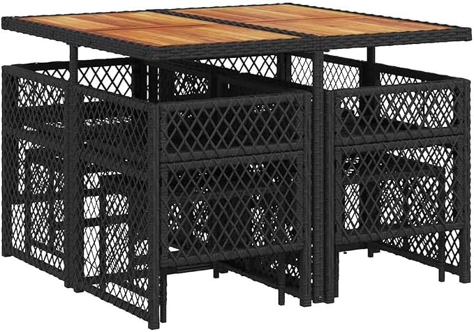 9-Piece Black PE Rattan & Acacia Wood Outdoor Dining Set | Features an 8-seater rectangular table with 4 chairs and 4 stools, suitable for patio, terrace, and backyard dining.