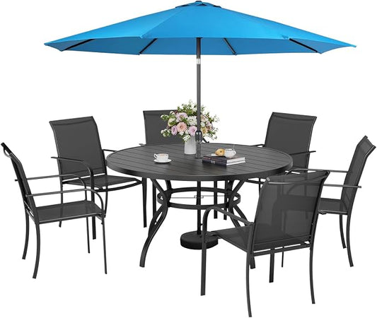 Incbruce 8 PCS Patio Dining Set with Sky Blue Umbrella, Outdoor Dining Set of 6 Textilene Chairs and 53" Round Table with Umbrella Hole for Backyard, Garden, and Poolside (Black)