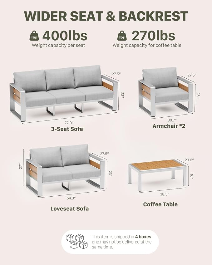 ZANDOR Aluminum Outdoor Patio Furniture Set with Coffee Table, 3 Seats Patio Conversation Sets with Washable Thick Cushions, Outdoor Sectional for Porch, Backyard, Deck, Garden & Poolside, Silver