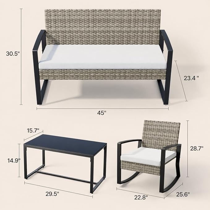 Ahomly 4 Piece Patio Furniture Set, Outdoor Wicker Patio Furniture with Glass Coffee Table, Rocking Patio Wicker Bistro Set, for Porch, Garden, Lawn (Light Grey)