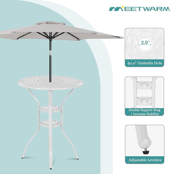 MEETWARM Patio Height Bar Table, 31" Bar Height Bistro Table, Outdoor Cast Aluminum Bistro Round High Top Dining Table with 2" Umbrella Hole for Garden Deck Backyard, White