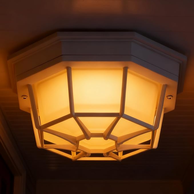 8.5 inch White Outdoor Flush Mount Ceiling Light LED 2700K 3000K 3500K 4000K 5000K 8.5” White Porch Outside Light for Balcony Octagonal LED Ceiling Lights,Aluminum Alloy,Glass,14W, 120V, 750lm-1000Lm