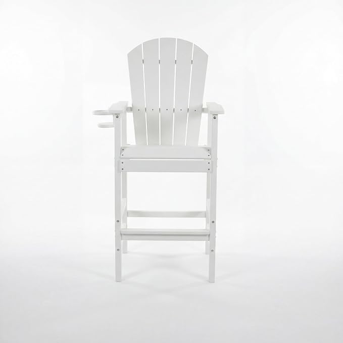WILLIAMSPACE Patio Bar Chair Bar Stool, Outdoor All Weather HDPE Height Adirondack Chair with Armrests & Cup Holder, 1-Piece Counter Height Chair for Pool, Garden, Kitchen, ONLY Chair (White)