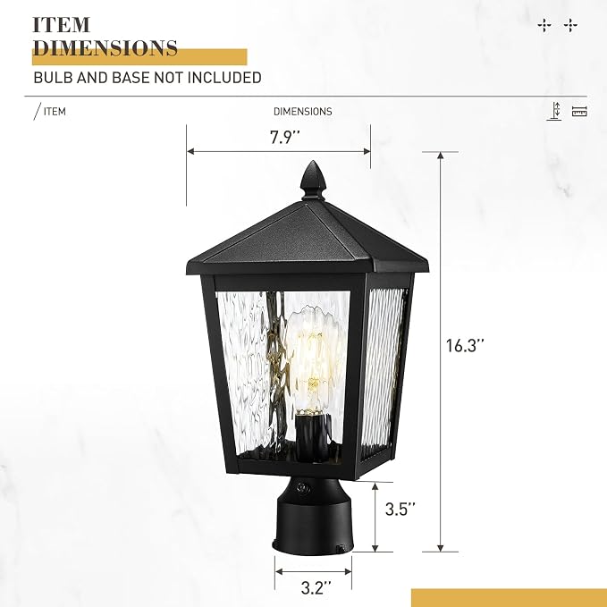 zeyu Dusk to Dawn Lamp Post Fixture with Photocell Sensor, 16 Inch Outdoor Lamp Post Light Sensor, Post Lantern Lamp with Water Ripple Glass, 20076P-PC BK-WP