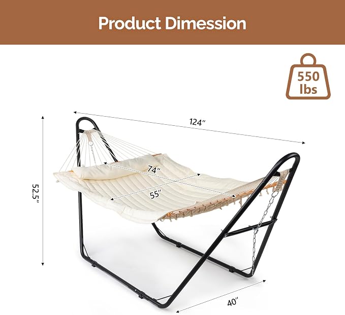 Hammock with Stand Set, Portable Double-Barrel Hammock with Hammock Bed, Heavy Duty Adjustable Hammock Set for Outdoors, Patio, Yard, Garden, 550 LBS (Beige)
