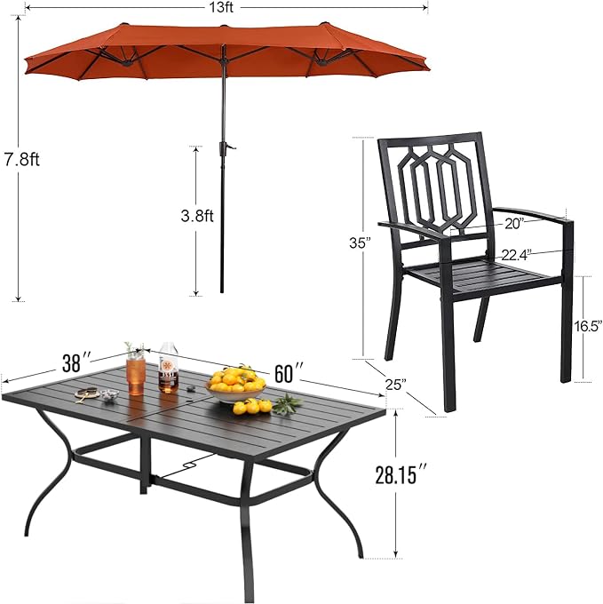 PHI VILLA 8 PCS Patio Dining Set w/ 13ft Patio Umbrella(Orange Red) | Metal Outdoor Dining Set - 6 x Outdoor Stackable Chairs, 1x 60"x38"Rectangle Dining Table and 1 Umbrella