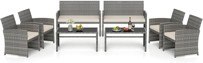 RELAX4LIFE 8-Piece Patio Furniture Set - Wicker Rattan Outdoor Sectional Sofa Set w/Glass Coffee Table, Loveseat, Chairs & Soft Cushions, Bistro Conversation for Garden Porch (2, Grey-Off White)