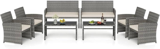 RELAX4LIFE 8-Piece Patio Furniture Set - Wicker Rattan Outdoor Sectional Sofa Set w/Glass Coffee Table, Loveseat, Chairs & Soft Cushions, Bistro Conversation for Garden Porch (2, Grey-Off White)