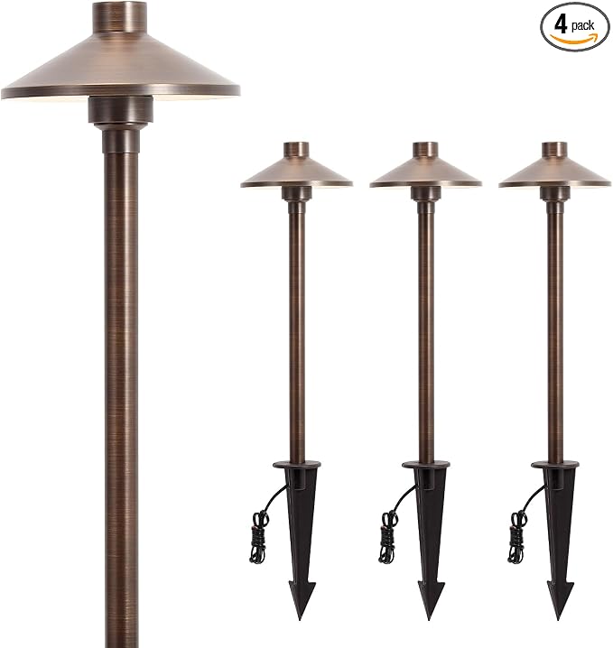 Gardencoin Solid Brass Low Voltage Pathway Lights (6.7'' Shade, 21.9'' Tall), 12V AC/DC Heavy Duty LED Landscape Path Lights Outdoor Wired, Antique Bronze Walkway Lights with Larger Stake, 4-Pack