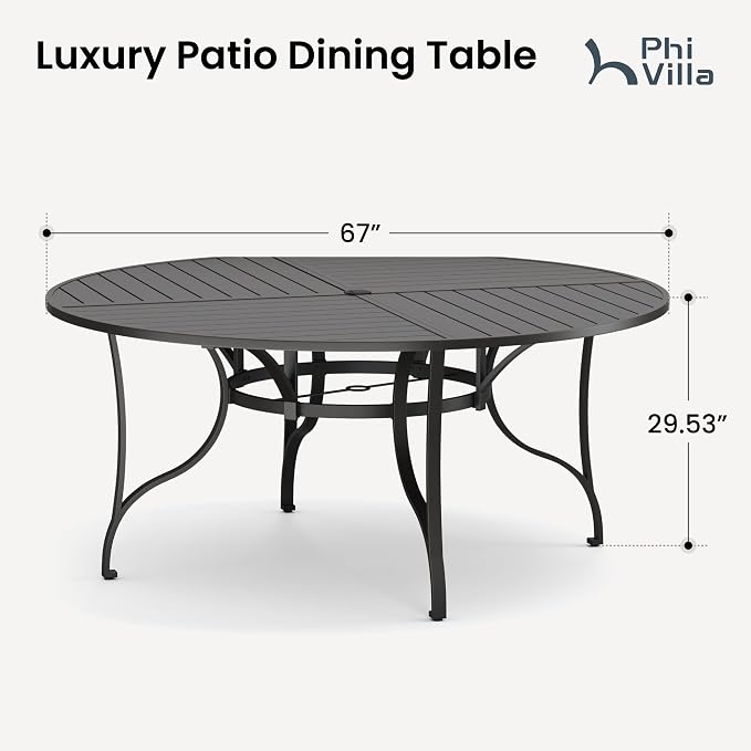 PHI VILLA Round Patio Table for 8, Black Metal Table w/Umbrella Hole | 67" large wrought iron dining table. Slatted top design, weather resistant. Perfect for outdoor deck, porch, backyard.