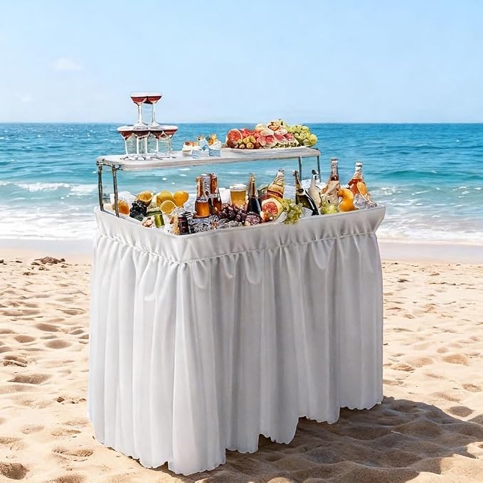 DWVO 4 FT Party Ice Cooler Folding Table, 2 Tier Portable Outdoor Cooler Table with Drain White Detachable Skirt, Ice Folding Table for Party Camping Picnic BBQ Wedding