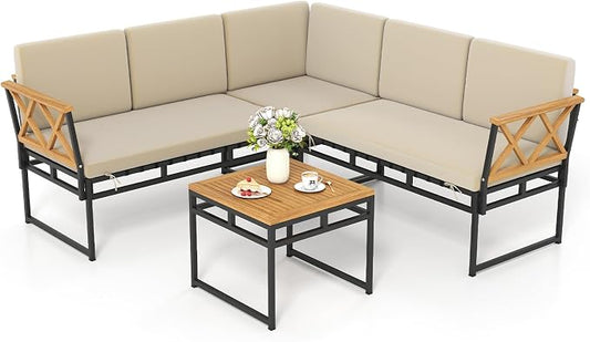 Tangkula L Shaped Outdoor Sectional Sofa Set, 4 Pieces Acacia Wood Patio Cushioned Conversation Set with Bungee Rope Seat,for Porch, Yard, Poolside (Off White)