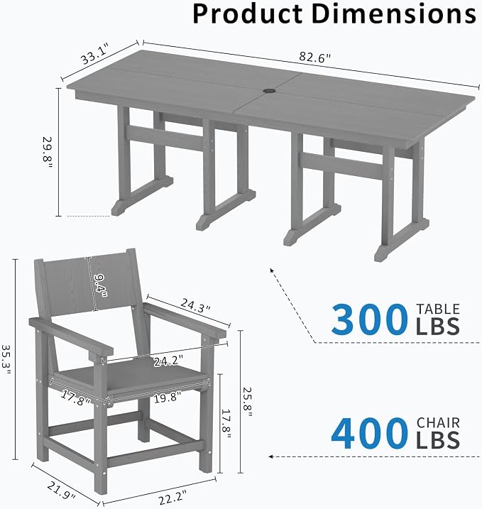 9-Piece HDPE Outdoor Patio Dining Set,Outdoor Table and Chairs,Modern Plastic Dining Sets with Umbrella Hole Cut-Out Table and 8 Chairs Gray