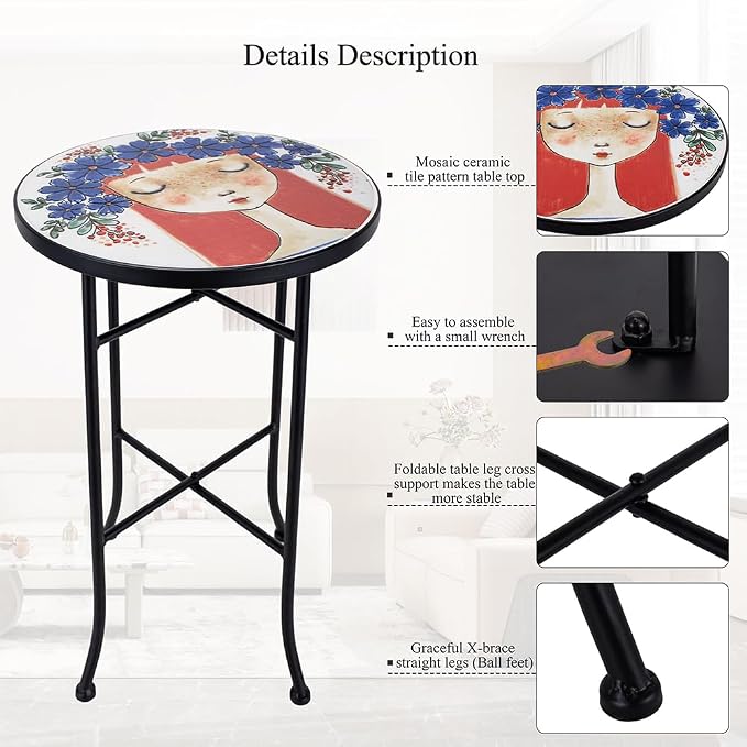 14 Inch Mosaic Patio Side Table with X-Straight Legs, Indoor Outdoor Accent Round End Table with Ceramic Tile Tops for Yard, Garden, Living Room, Bistro, A - Red Hair Girl