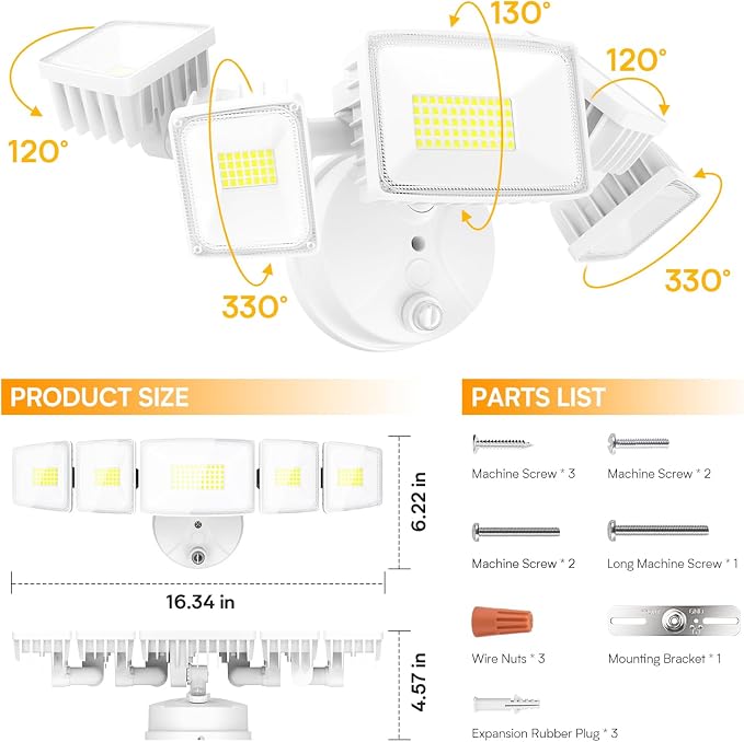 Onforu 120W Dusk to Dawn Flood Light Outdoor, IP66 Waterproof, 5 Head,White | 12000lm 6500k Super Bright, Hardwired, Automatic Dusk to Dawn Outdoor Lighting for Home Garage,Yard, Driveways