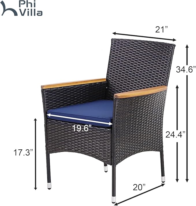 PHI VILLA High Back Wicker Patio Dining Chairs Set of 2, Wood Armrest | 2 Rattan dining chairs with thick removable seat cushions. Sturdy steel frame, easy assembly.