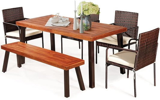Tangkula 6 Piece Acacia Wood Patio Dining Set, Patiojoy Outdoor Wicker Furniture Set w/Bench, 4 Cushioned Rattan Chairs & Wood Table with Umbrella Hole, Ideal for Backyard Garden Porch