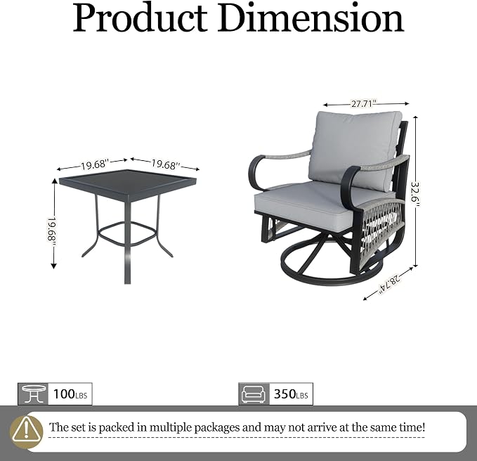 3 Pieces Outdoor Furniture Set, Metal 360° Swivel Rocking Chairs Bistro Sets, Patio Conversation Set with Side Table for Deck, Porch, Garden, Backyard, Poolside (Gray Cushions)