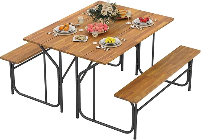 HAPPYGRILL Picnic Table Bench Set for 4, Acacia Wood Dining Table and Bench Set with Heavy Duty Metal Frame, for Patio, Porch, Garden and Backyard