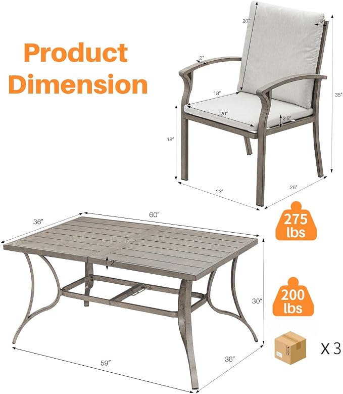 7-Piece Outdoor Patio Dining Set, Never-Rust Aluminum Patio Dining Set with Umbrella Hole, Outdoor Table and Chairs with Cushions, Patio Furniture Sets for Lawn, Garden, Backyard, Limed Oak