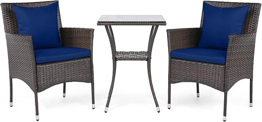 DORTALA Wicker Patio Furniture Set 3 Piece, Small Outdoor Table & Chairs with Tempered Glass Tabletop, Cushions, Rattan Conversation Bistro Set for Balcony, Porch, Backyard, Deck, Mix Brown+Navy