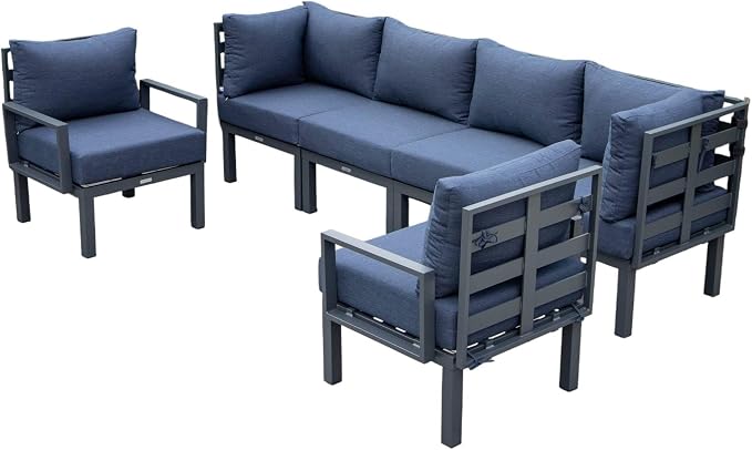 LeisureMod 6-Piece Patio Sectional Set in Black Aluminum with Removable Blue Cushions for Patio and Backyard Garden