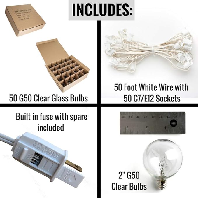 G50 Clear 2 Inch Light Bulbs with C7 Stringer 18 Gauge (White Wire, 50')