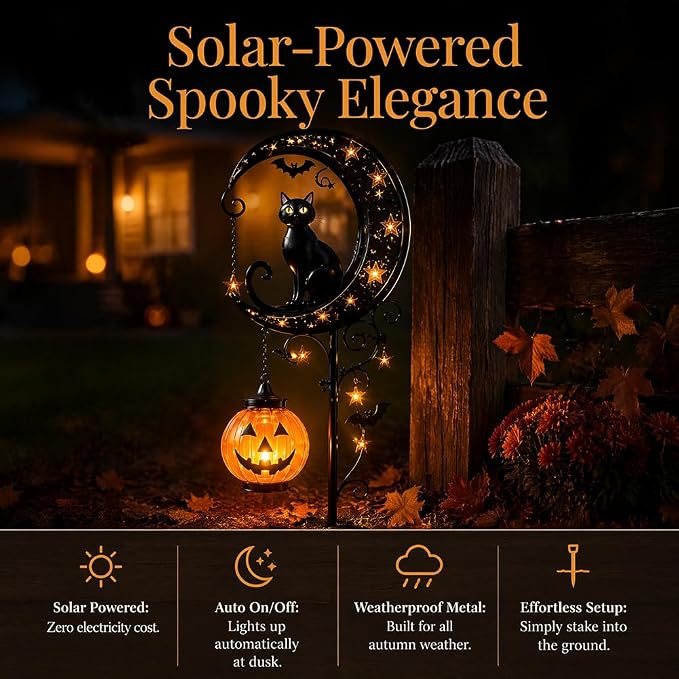 Solar Halloween Black Cat & Pumpkin Moon Garden Stake Light, Outdoor Waterproof LED Yard Decoration with Crescent Moon, Hanging Jack-o'-Lantern Lantern for Garden, Patio, Walkway, Porch (Style B C)